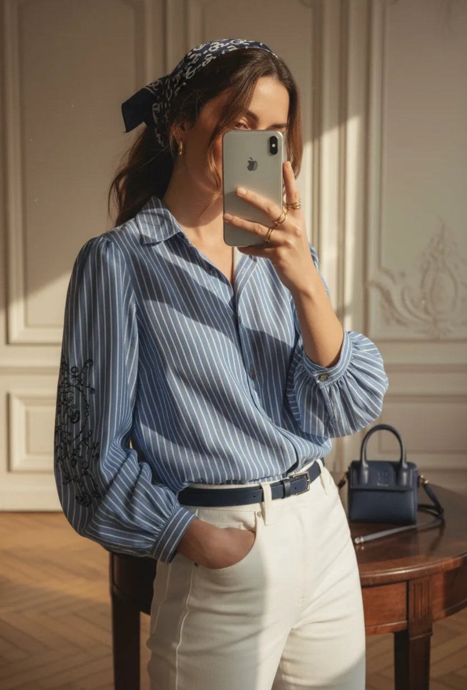 Chemise broderie rayé bleu